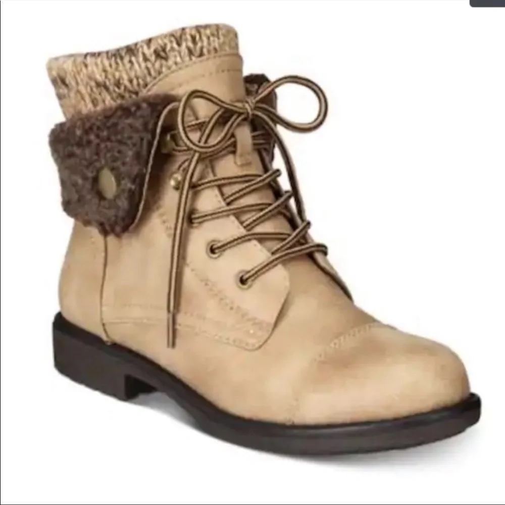 Cliffs by White Mountain Tan Ankle Boots Women’s 5.5 Lace Up Cozy Knit Cuff